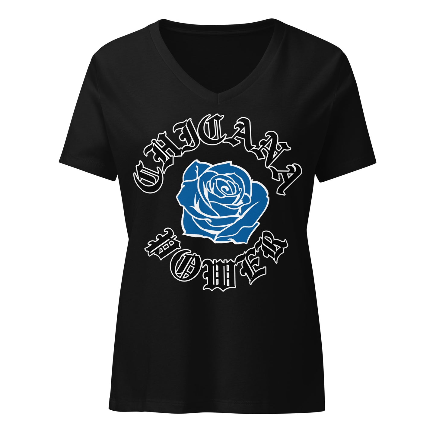 Chicana Power Blue Rose - Women's Relaxed V-neck V-Neck T-Shirt | Chicana Apparel by Chicano Threads