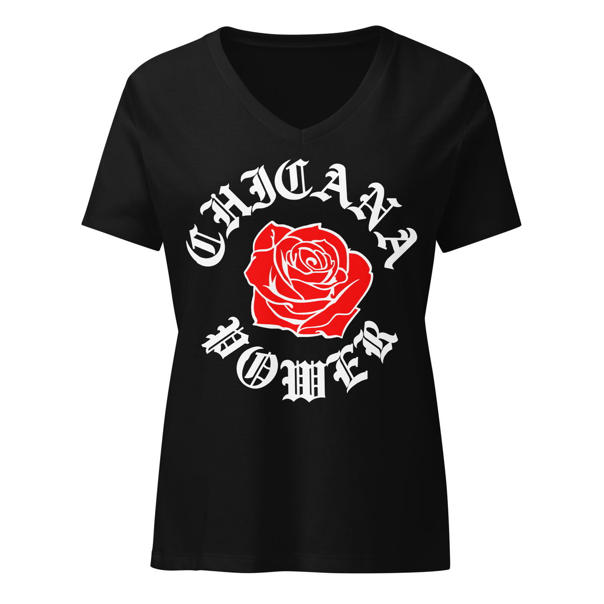 Chicana Power Red Rose - Women's Relaxed V-Neck T-Shirt | Chicana Apparel by Chicano Threads
