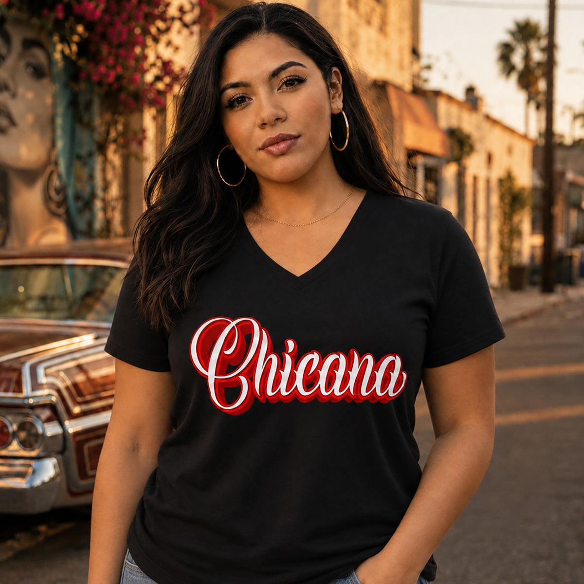 Chicana Red - Women's Relaxed V-Neck T-Shirt | Chicana Apparel by Chicano Threads