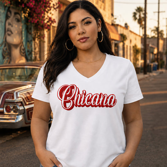 Chicana Red - Women's Relaxed V-Neck T-Shirt | Chicana Apparel by Chicano Threads