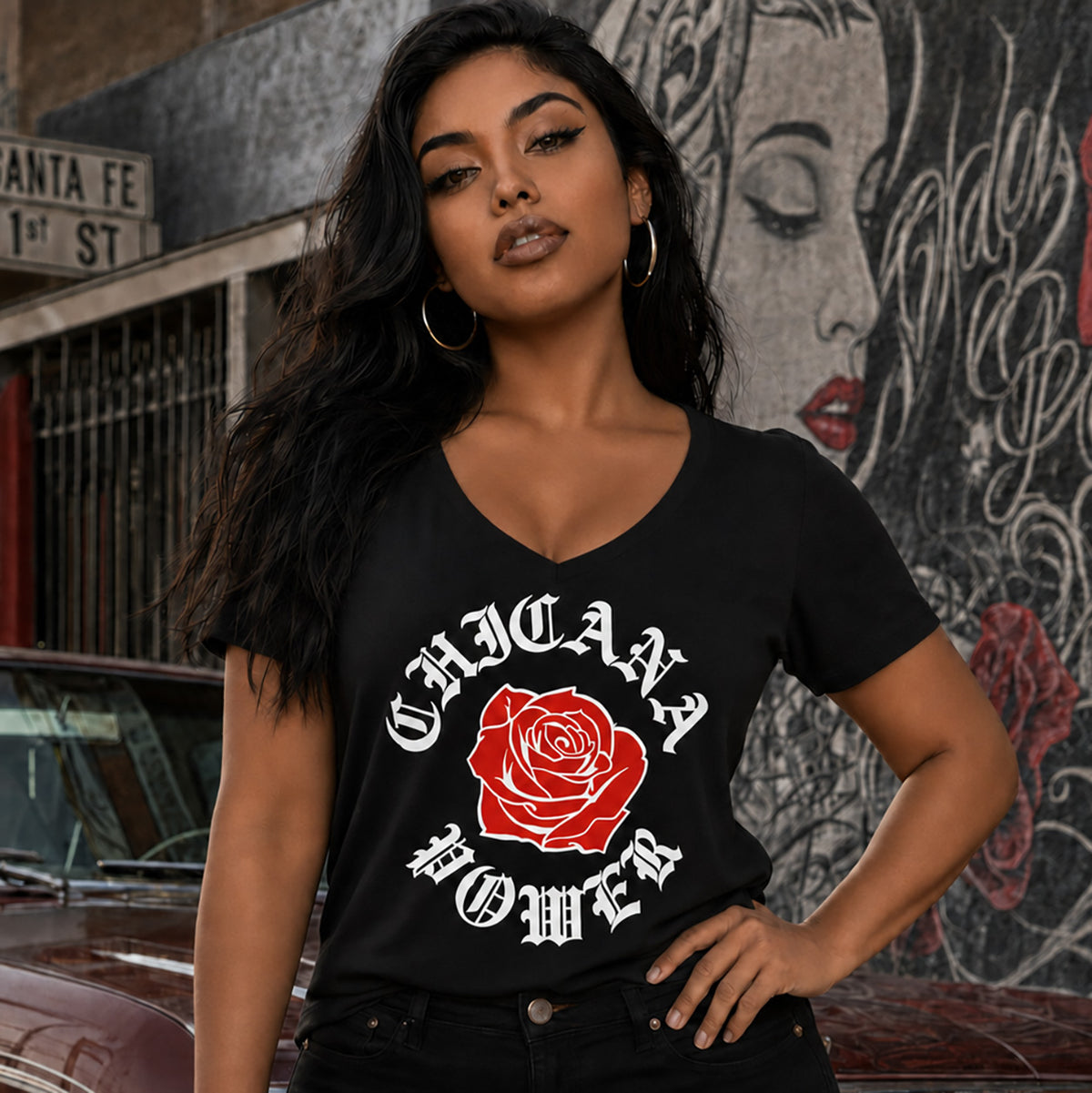 Chicana Power Red Rose - Women's Relaxed V-Neck T-Shirt | Chicana Apparel by Chicano Threads