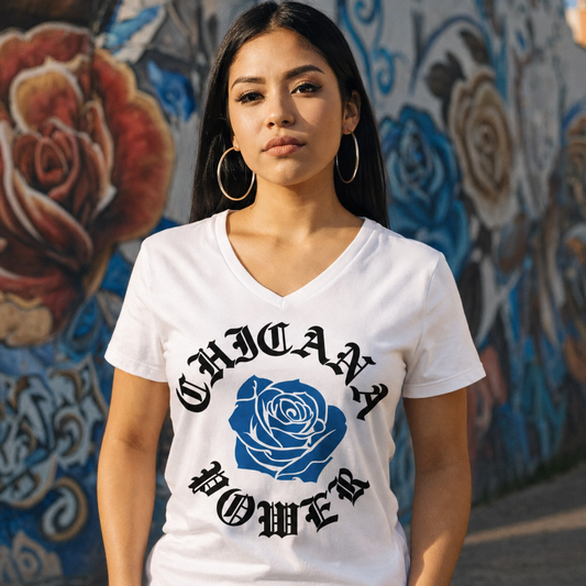 Chicana Power Blue Rose - Women's Relaxed V-neck V-Neck T-Shirt | Chicana Apparel by Chicano Threads
