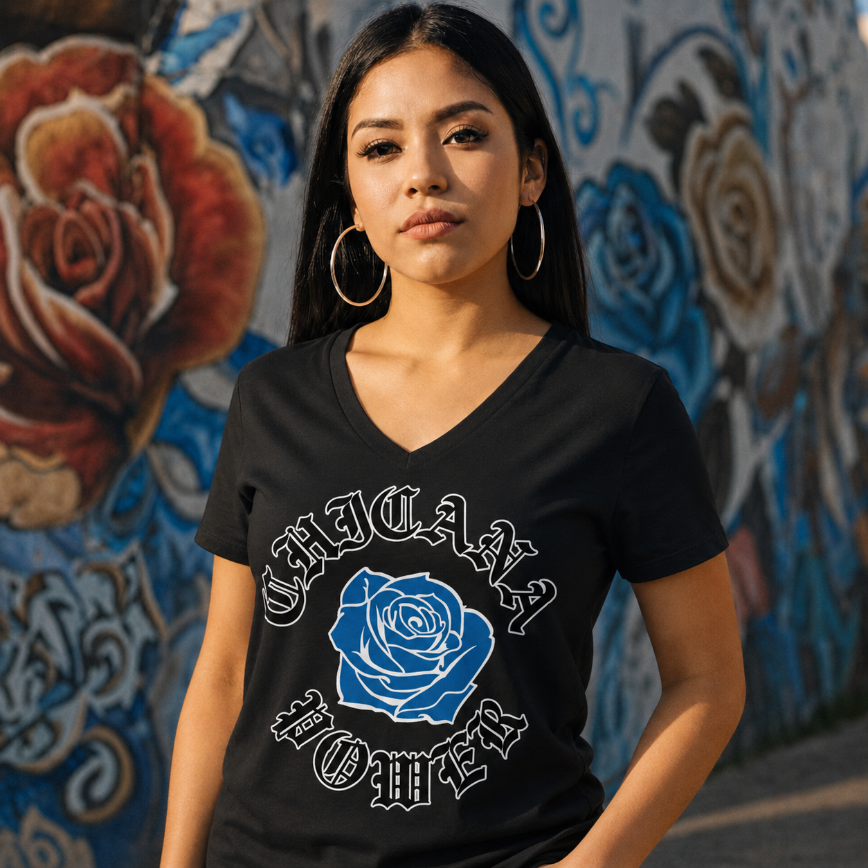 Chicana Power Blue Rose - Women's Relaxed V-neck V-Neck T-Shirt | Chicana Apparel by Chicano Threads