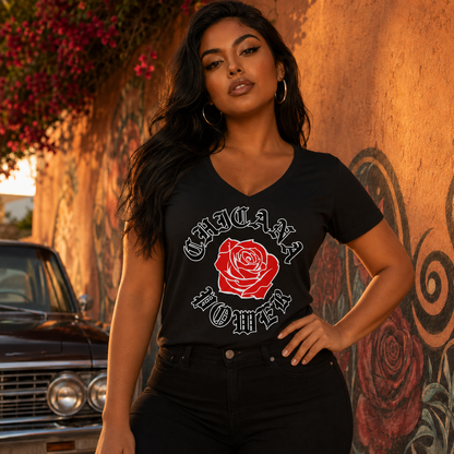 Chicana Power Red Rose - Women's Relaxed V-neck V-Neck T-Shirt | Chicana Apparel by Chicano Threads