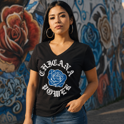 Chicana Power Blue Rose - Women's Relaxed V-Neck T-Shirt | Chicana Apparel by Chicano Threads