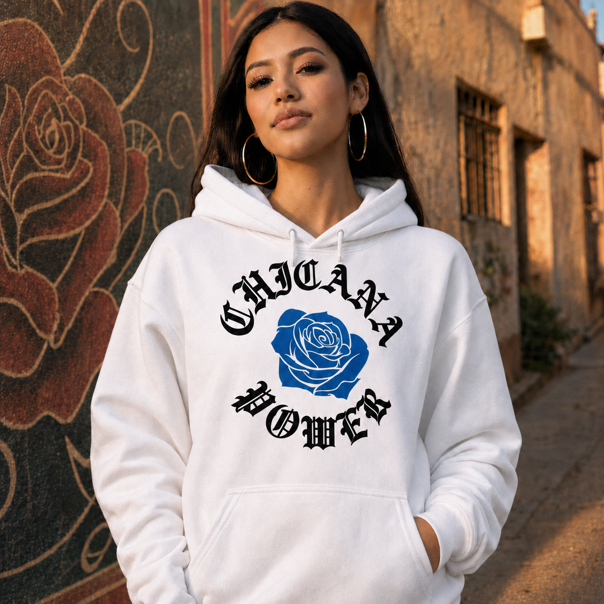 Chicana Power Blue Rose - Women's Heavy Blend Hoodie | Chicana Apparel by Chicano Threads