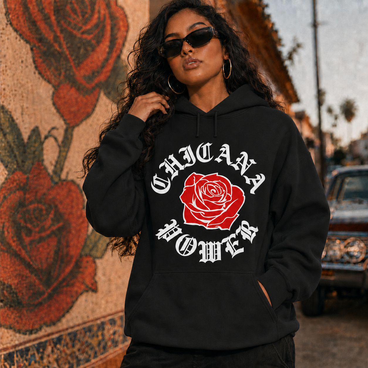 Chicana Power Red Rose - Women's Heavy Blend Hoodie | Chicana Apparel by Chicano Threads