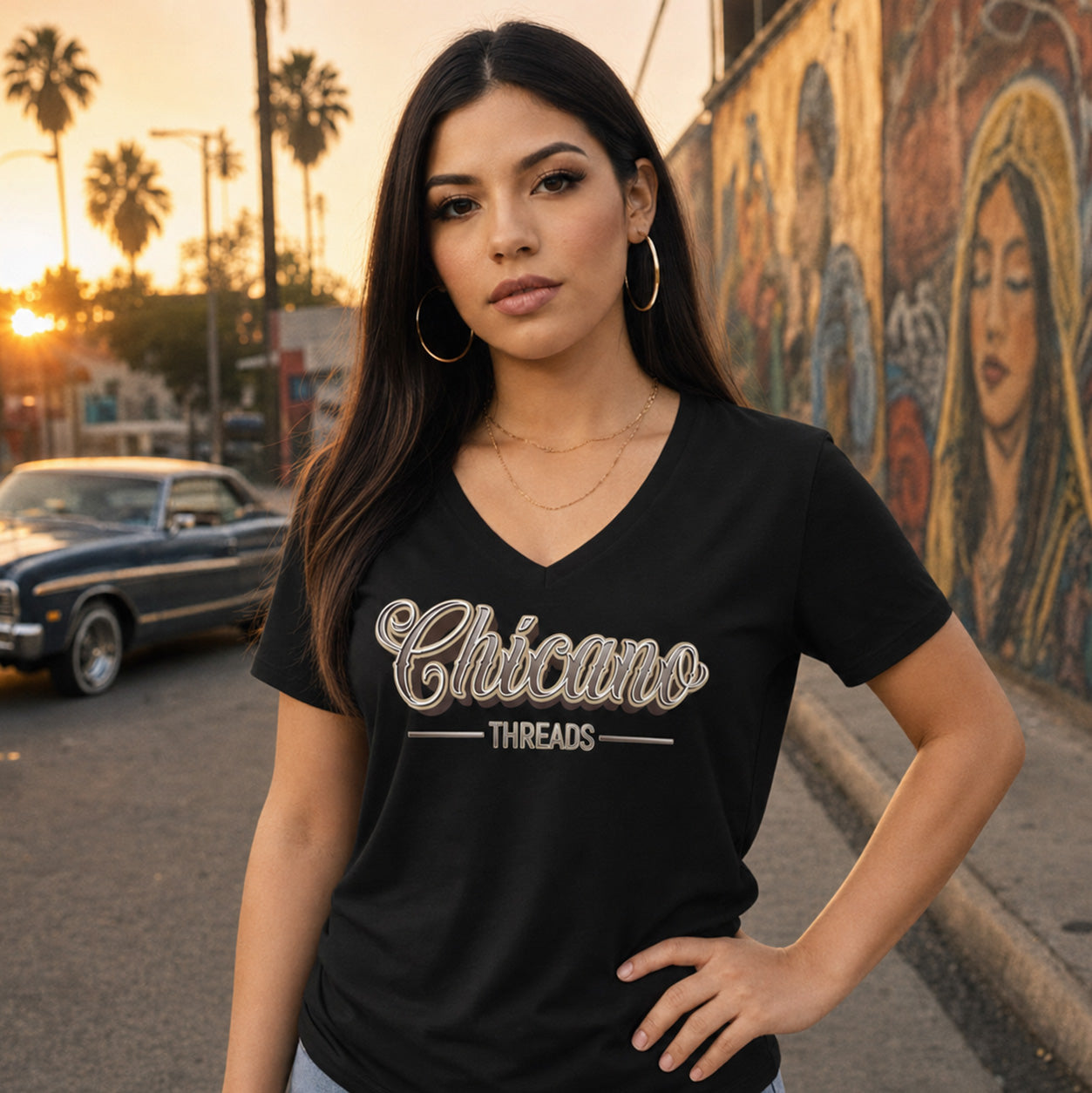 The Official Chicano Threads - Women's Relaxed V-Neck T-Shirt | Chicano Apparel by Chicano Threads