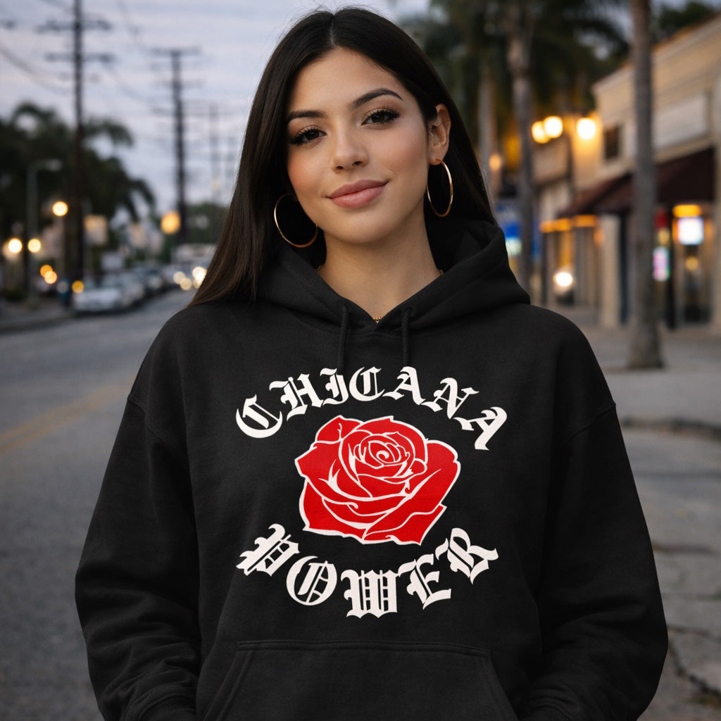 Chicana Power Red Rose Sweatshirt | Chicana Apparel by Chicano Threads