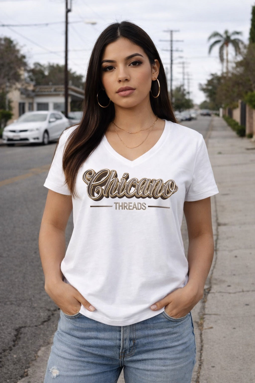 Chicano Threads - Women's Relaxed V-Neck T-Shirt | Chicano Apparel by Chicano Threads