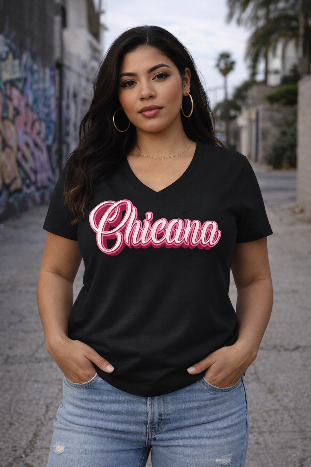 Chicana Pink - Women's Relaxed V-Neck T-Shirt | Chicana Apparel by Chicano Threads