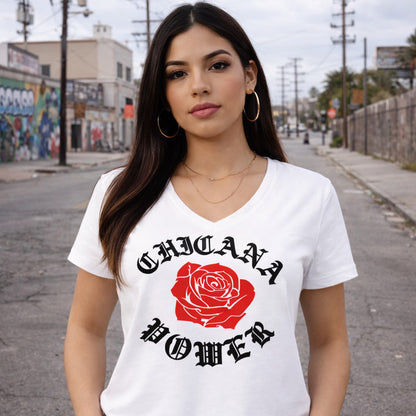 Chicana Power II Red Rose - Women's Relaxed V-neck V-Neck T-Shirt | Chicana Apparel by Chicano Threads