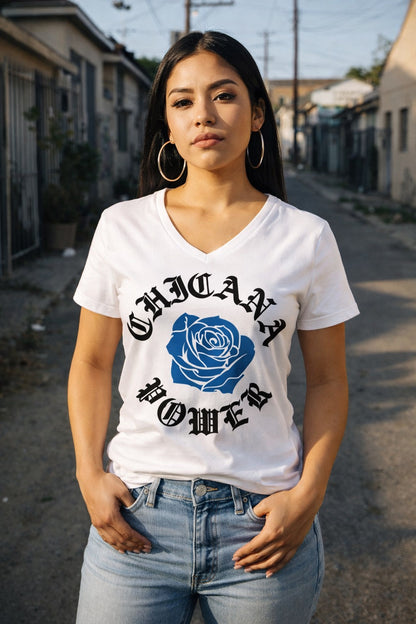 Chicana Power II Blue Rose - Women's Relaxed V-neck V-Neck T-Shirt | Chicana Apparel by Chicano Threads
