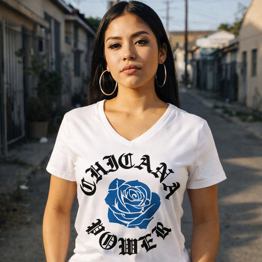 Chicana Power II Blue Rose - Women's Relaxed V-neck V-Neck T-Shirt | Chicana Apparel by Chicano Threads
