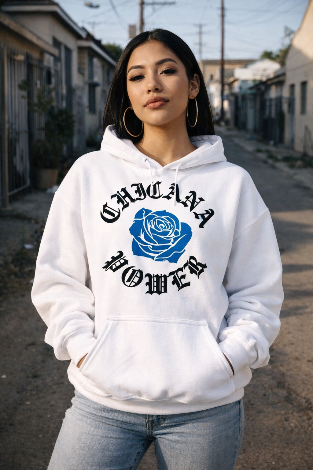 Chicana Power II Blue Rose - Women's Heavy Blend Hoodie | Chicana Apparel by Chicano Threads