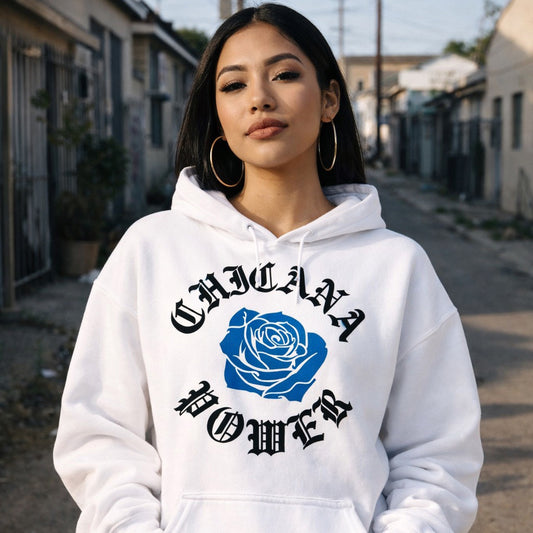 Chicana Power II Blue Rose - Women's Heavy Blend Hoodie | Chicana Apparel by Chicano Threads