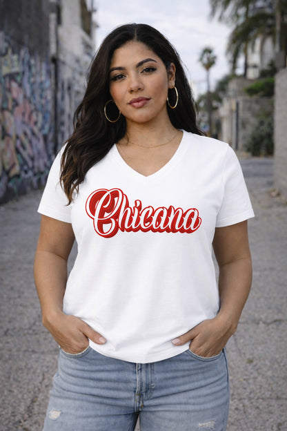 Chicana Red - Women's Relaxed V-Neck T-Shirt | Chicana Apparel by Chicano Threads