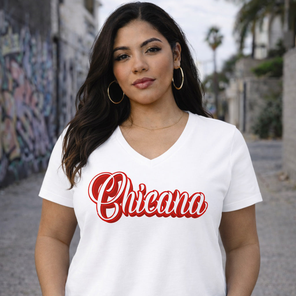 Chicana Red - Women's Relaxed V-Neck T-Shirt | Chicana Apparel by Chicano Threads