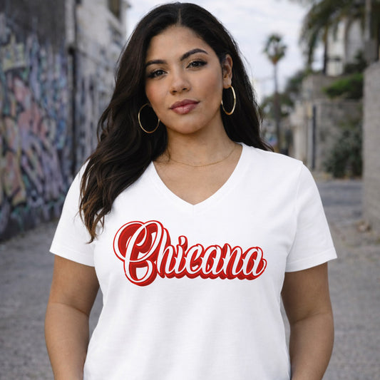 Chicana Red - Women's Relaxed V-Neck T-Shirt | Chicana Apparel by Chicano Threads
