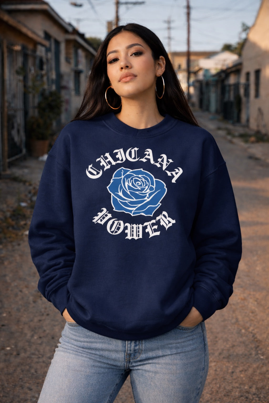 Chicana Power II Blue Rose Sweatshirt | Chicana Apparel by Chicano Threads