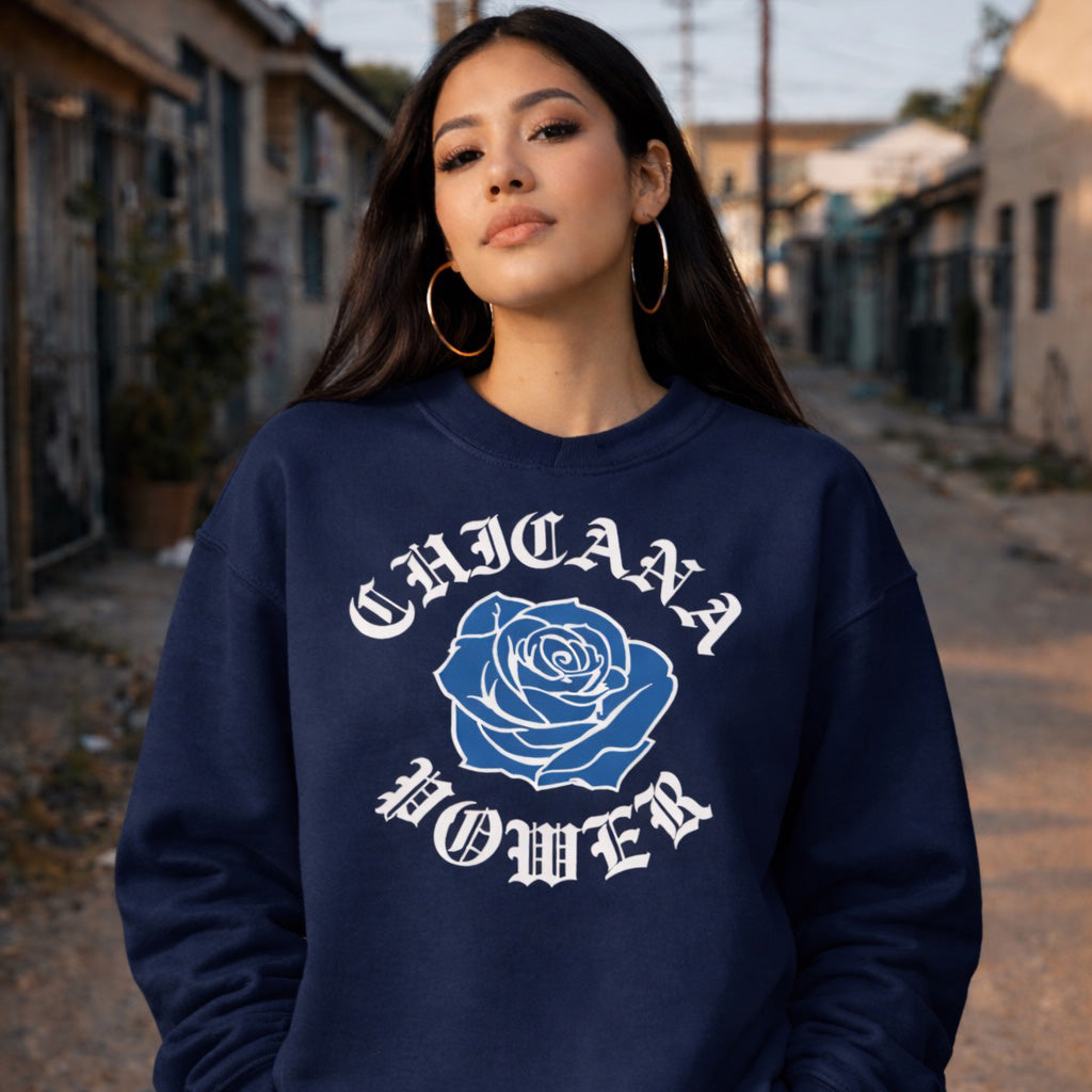 Chicana Power II Blue Rose Sweatshirt | Chicana Apparel by Chicano Threads