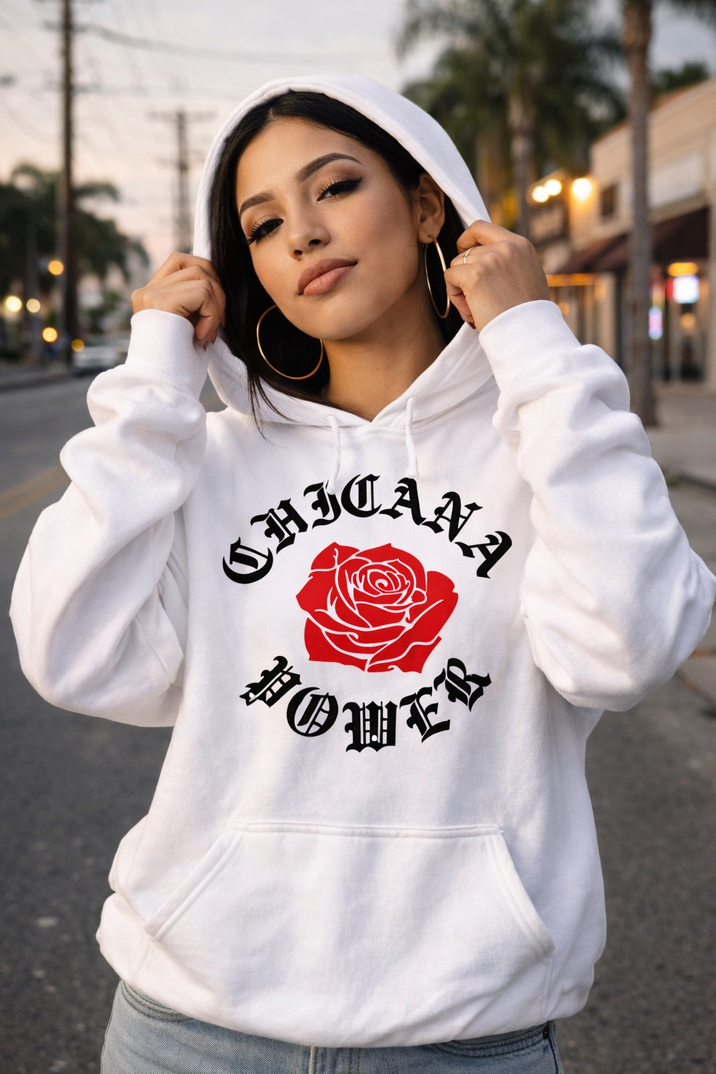 Chicana Power Red Rose - Women's Heavy Blend Hoodie | Chicana Apparel by Chicano Threads