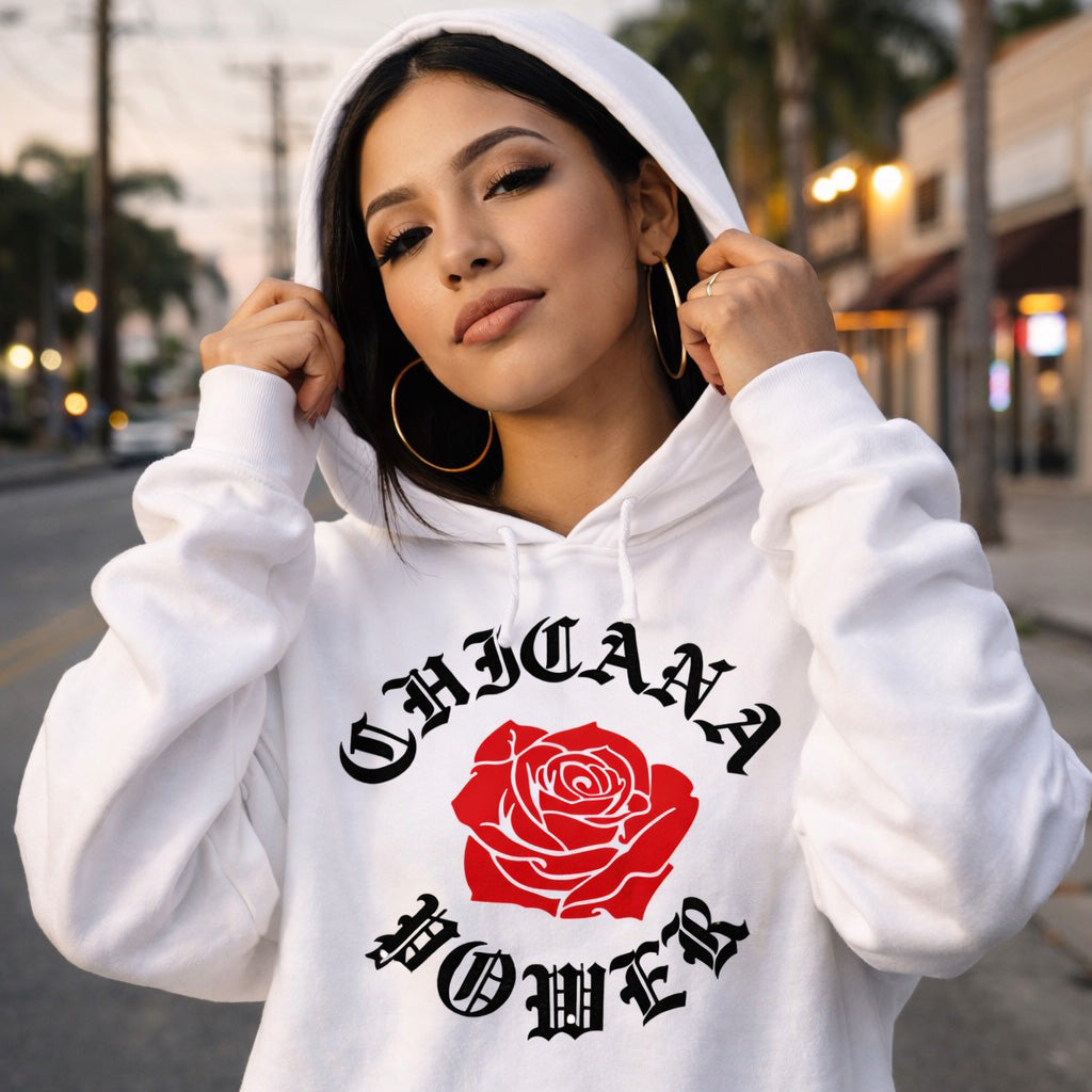 Chicana Power Red Rose - Women's Heavy Blend Hoodie | Chicana Apparel by Chicano Threads