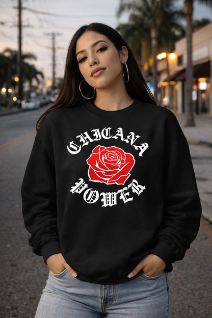 Chicana Power Red Rose Sweatshirt | Chicana Apparel by Chicano Threads