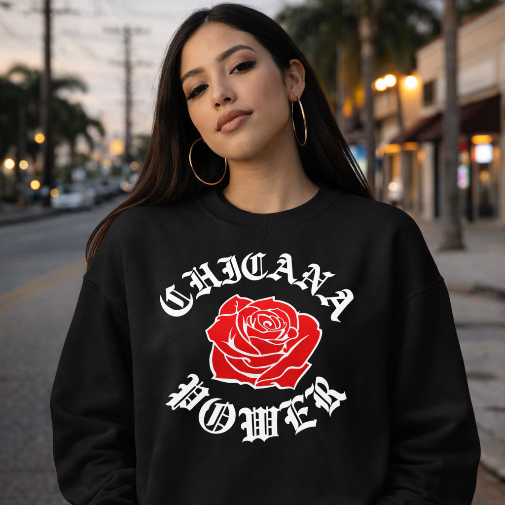 Chicana Power Red Rose Sweatshirt | Chicana Apparel by Chicano Threads