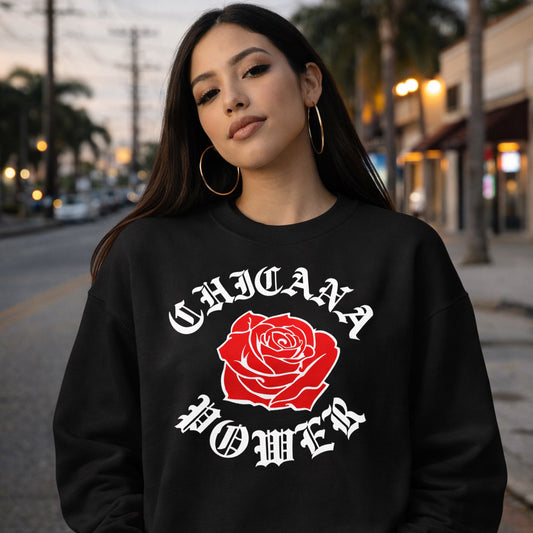 Chicana Power Red Rose Sweatshirt | Chicana Apparel by Chicano Threads