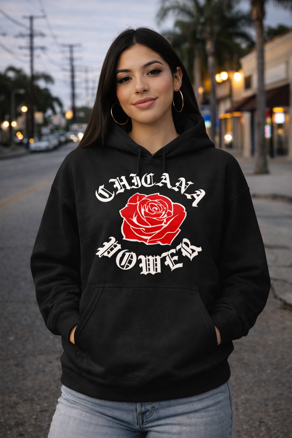 Chicana Power Red Rose - Women's Heavy Blend Hoodie | Chicana Apparel by Chicano Threads