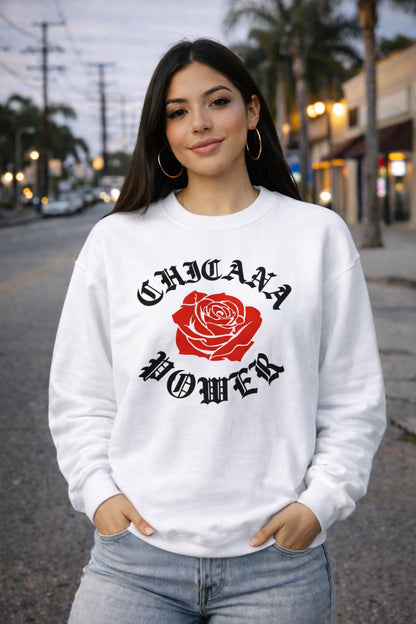 Chicana Power Red Rose Sweatshirt | Chicana Apparel by Chicano Threads
