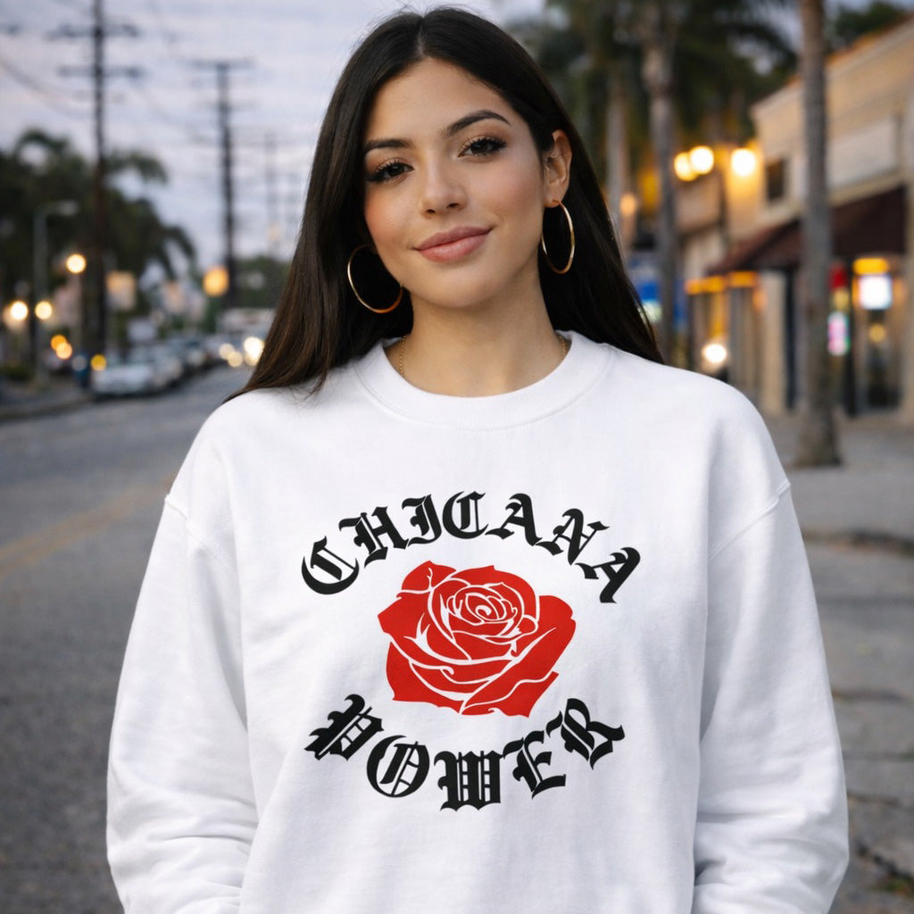 Chicana Power Red Rose Sweatshirt | Chicana Apparel by Chicano Threads