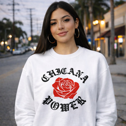 Chicana Power Red Rose Sweatshirt | Chicana Apparel by Chicano Threads