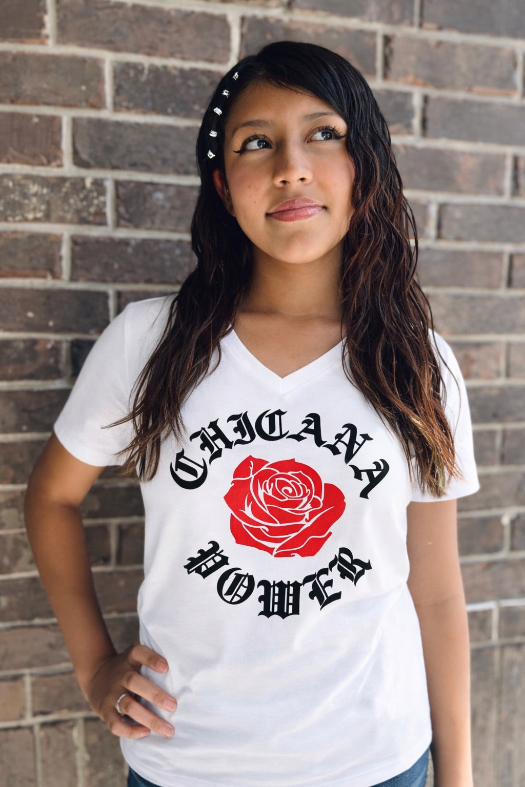 Chicana Power II Red Rose - Women's Relaxed V-neck V-Neck T-Shirt | Chicana Apparel by Chicano Threads