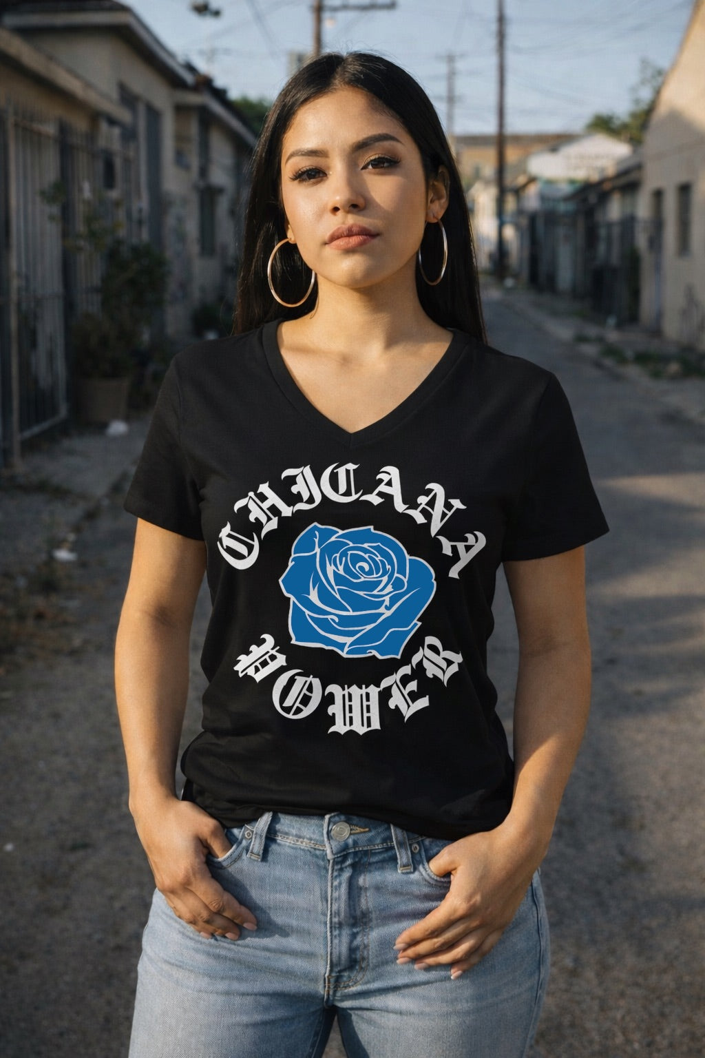 Chicana Power Blue Rose - Women's Relaxed V-neck V-Neck T-Shirt | Chicana Apparel by Chicano Threads