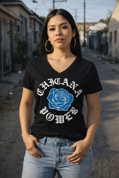 Chicana Power Blue Rose - Women's Relaxed V-neck V-Neck T-Shirt | Chicana Apparel by Chicano Threads