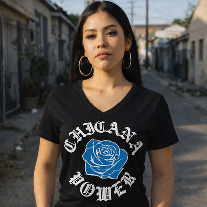Chicana Power Blue Rose - Women's Relaxed V-neck V-Neck T-Shirt | Chicana Apparel by Chicano Threads