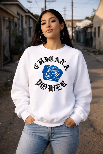 Chicana Power II Blue Rose Sweatshirt | Chicana Apparel by Chicano Threads