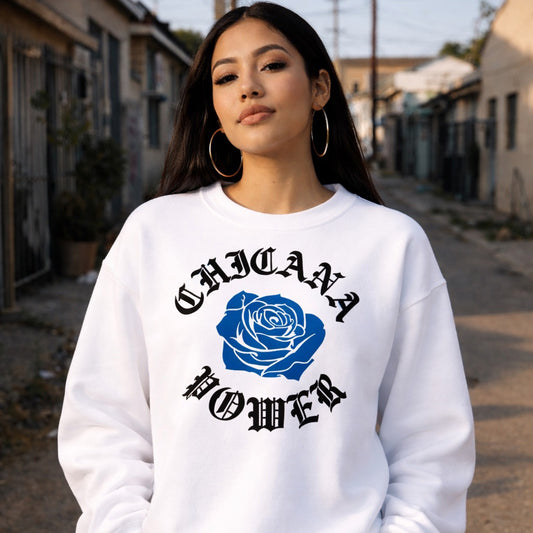 Chicana Power II Blue Rose Sweatshirt | Chicana Apparel by Chicano Threads