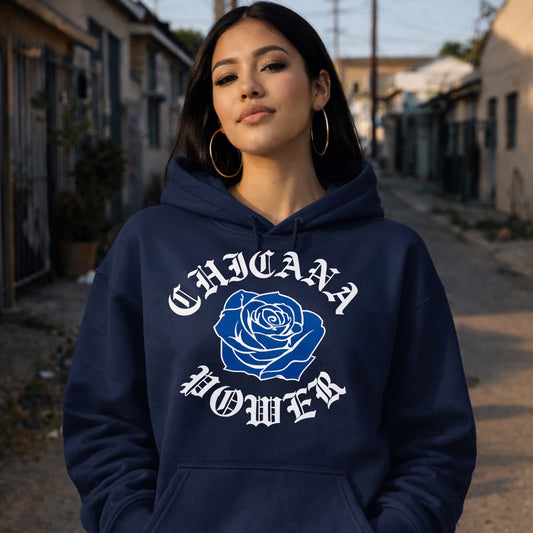 Chicana Power II Blue Rose - Women's Heavy Blend Hoodie | Chicana Apparel by Chicano Threads