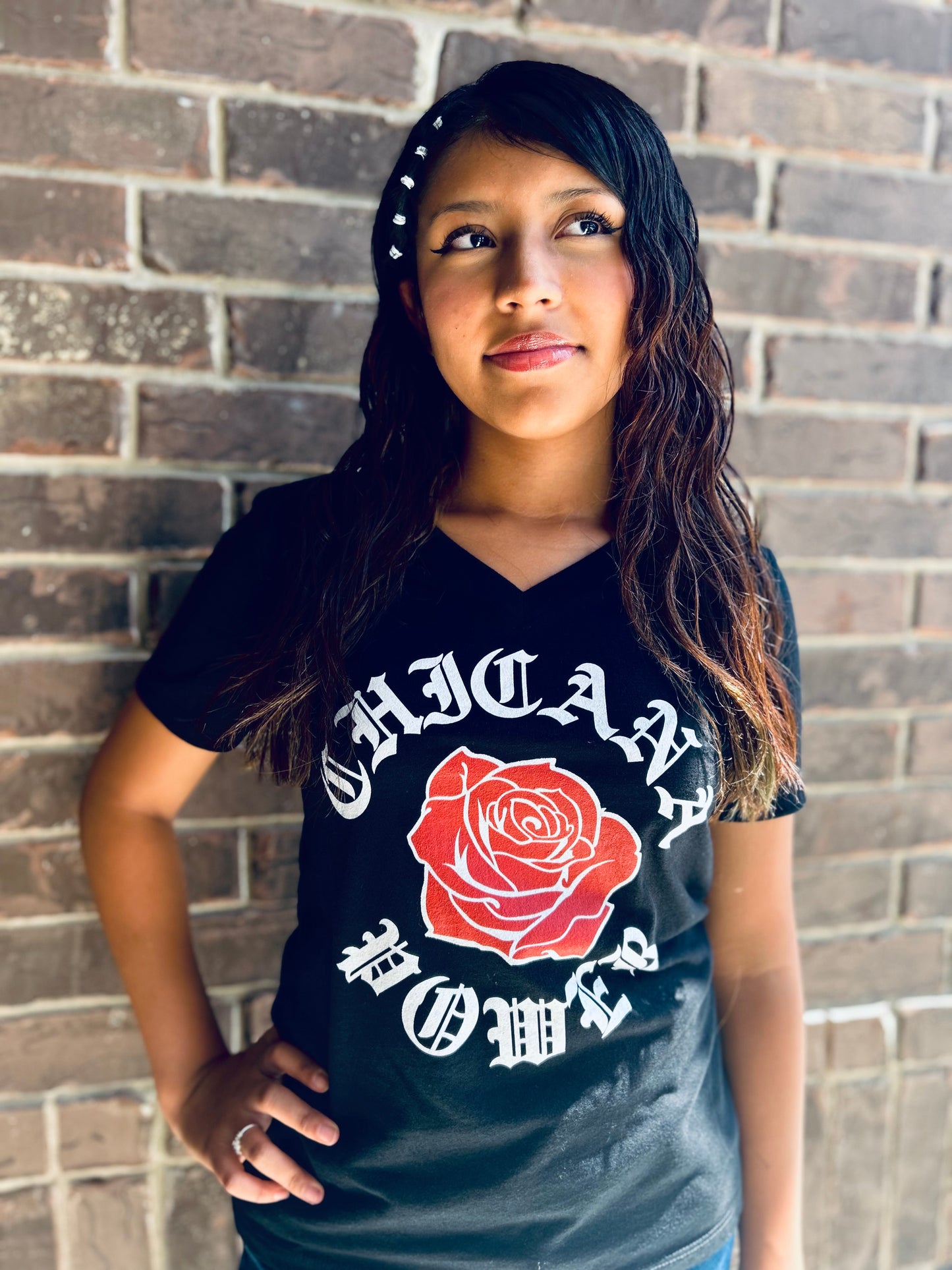Chicana Power Red Rose - Women's Relaxed V-neck V-Neck T-Shirt | Chicana Apparel by Chicano Threads