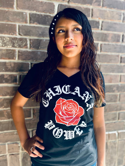 Chicana Power Red Rose - Women's Relaxed V-neck V-Neck T-Shirt | Chicana Apparel by Chicano Threads