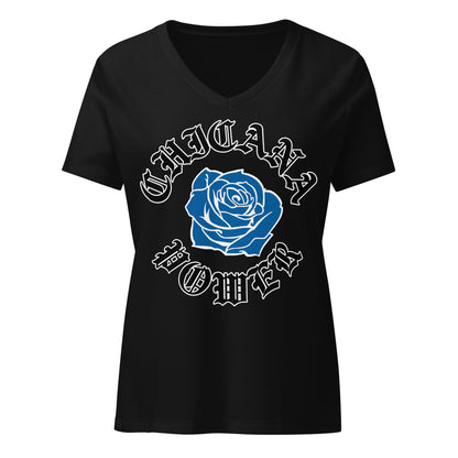 Chicana Power Blue Rose - Women's Relaxed V-neck V-Neck T-Shirt | Chicana Apparel by Chicano Threads