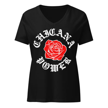Chicana Power Red Rose - Women's Relaxed V-Neck T-Shirt | Chicana Apparel by Chicano Threads