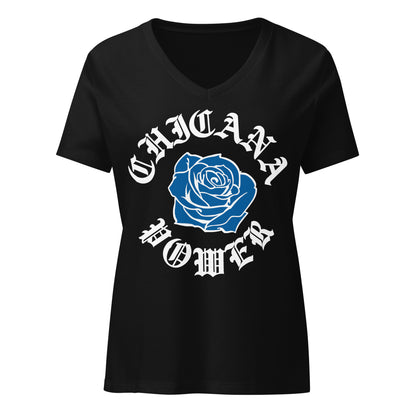 Chicana Power Blue Rose - Women's Relaxed V-Neck T-Shirt | Chicana Apparel by Chicano Threads